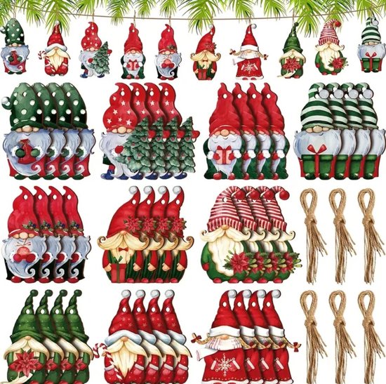 30 stuks houten kersthangers kerstkabouters met touwtjes - cadeaulabels