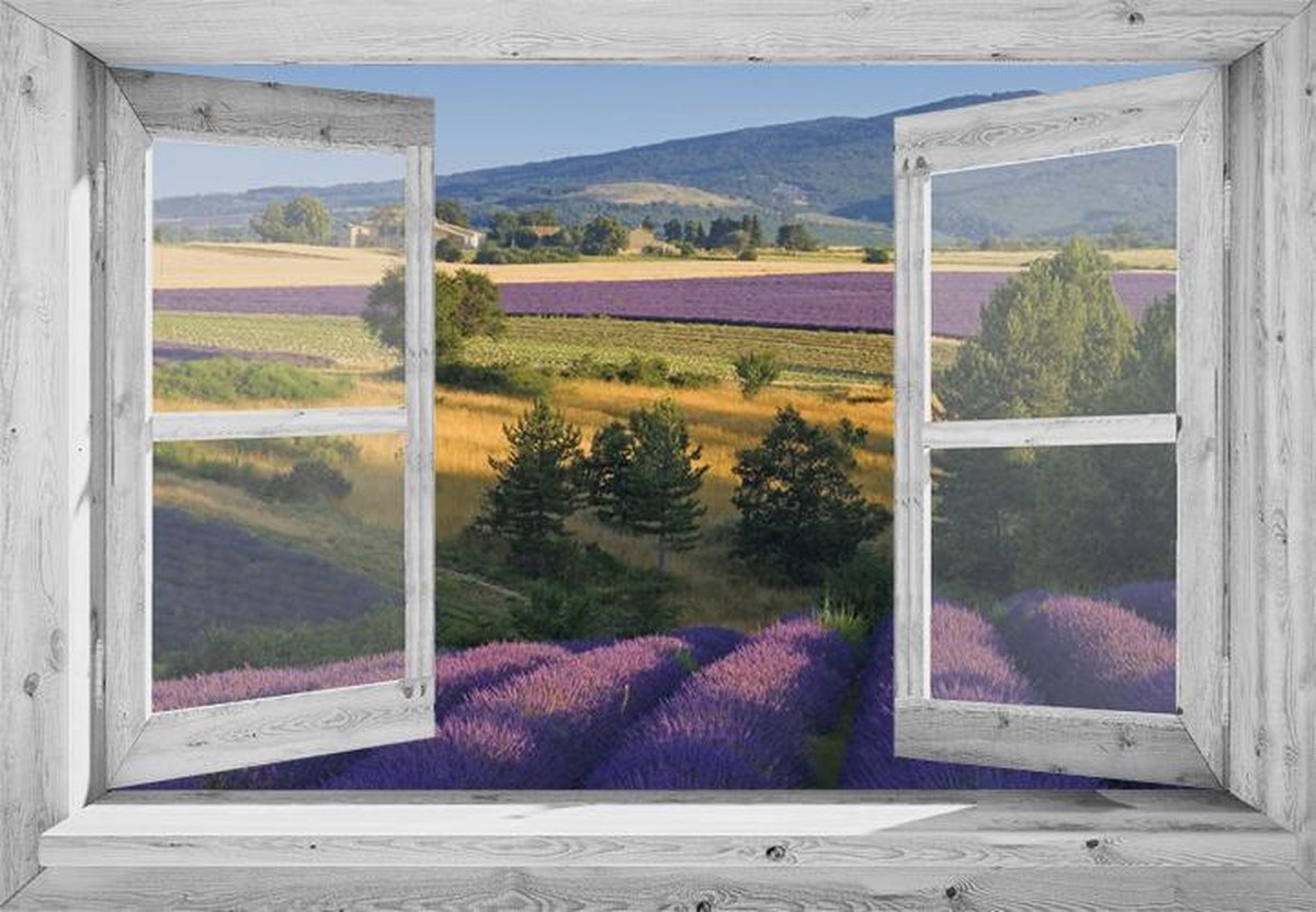 Tuindoek doorkijk - 130x95 cm - openslaand wit venster met lavendel - tuinposter - tuin decoratie - tuinposters buiten - tuinschilderij - balkon decoratie