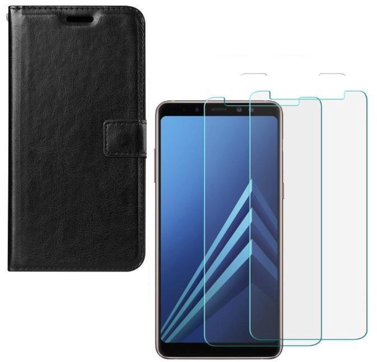 hoesje Geschikt voor: Samsung Galaxy A8 2018 Portemonnee zwart met 2 stuks Glas Screen protector
