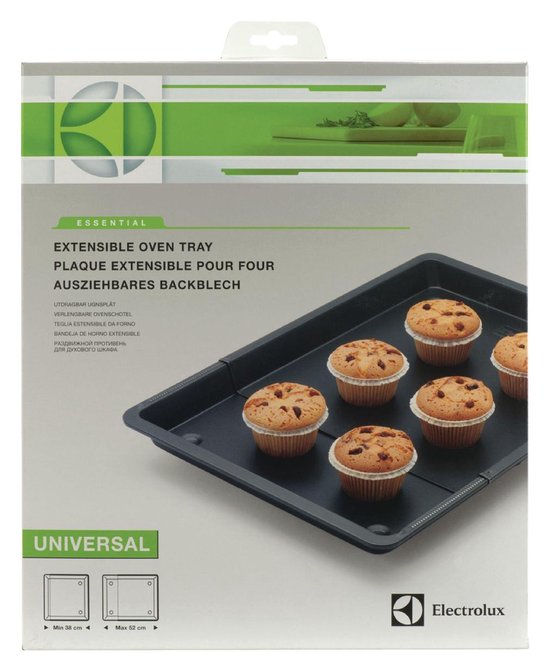 Donkergrijze uitschuifbare ovenschotel met zes muffins, 38-52 cm.
