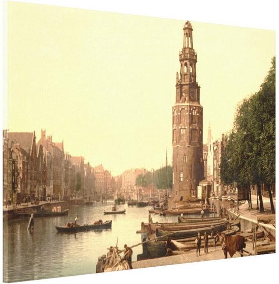 Oud Stadsgezicht Amsterdam - Oudeschans Montelbaanstoren - Oude Foto Print op Canvas Doek - 90x60 cm