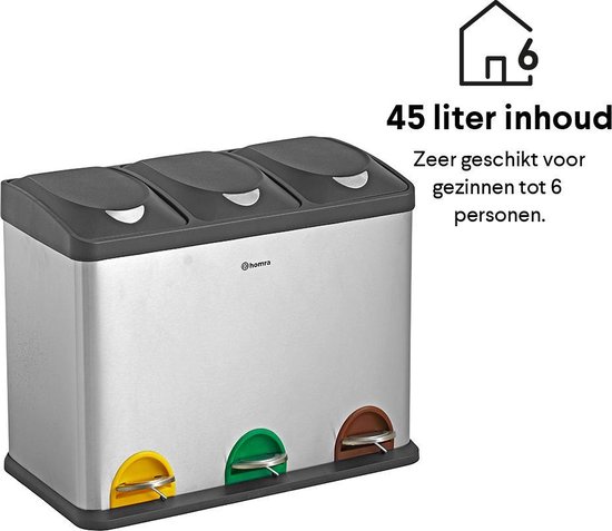 Homra Stephs Prullenbak Afvalscheiding 45 Liter - RVS Prullenbak 3 vakken - Trio Prullenbak 3 X 15 Liter - Pedaalemmer - Vuilnisbak voor huishouden en kantoor - Recycle Vuilbak keuken Afvalemmer - Afvalscheidingsprullenbakken - Afbeelding 6