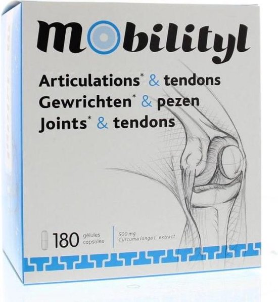 Mobilityl gewrichten en pezen, 180 capsules met een schematische weergave van een kniegewricht.