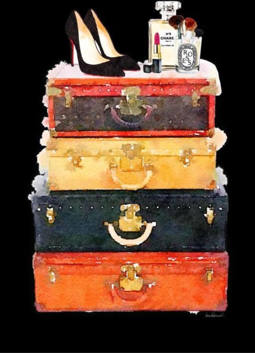 Glasschilderij met metaalfolie - Vintage fashion koffers - schilderij fotokunst - verwerkt met goudfolie - 60x80 cm