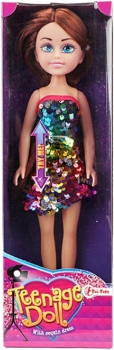 Tienerpop 33cm in pailletenjurk (BRUIN HAAR) van Toi-Toys — afbeelding 2