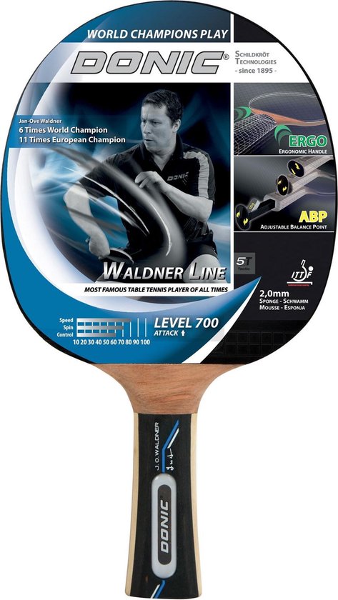 Donic Waldner Line Level 700 tafeltennisracket met details en afbeelding van speler.