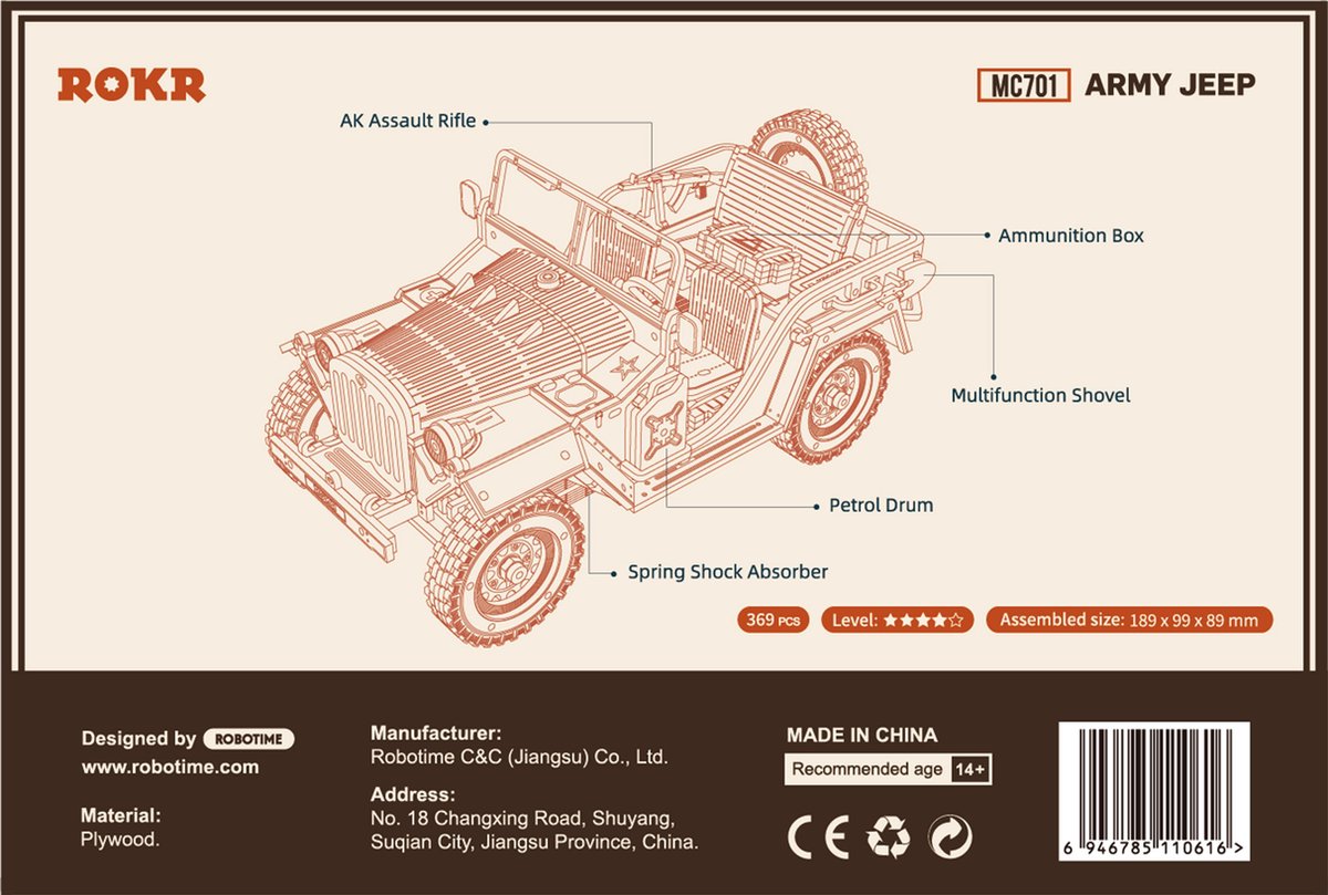 Robotime Modelbouwpakket Army Jeep 18,9 Cm Hout 369-delig — afbeelding 5