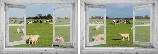 2 Tuindoeken Doorkijk Door Openslaand Wit Venster Hollands Landschap - 130x95 Cm - Tuinposter - Tuin Decoratie - Tuinposters Buiten - Tuinschilderij