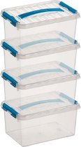 4x Sunware Q-Line opberg boxen/opbergdozen 6 liter 30 x 20 x 14 cm kunststof - Opslagbox - Opbergbak kunststof transparant/blauw