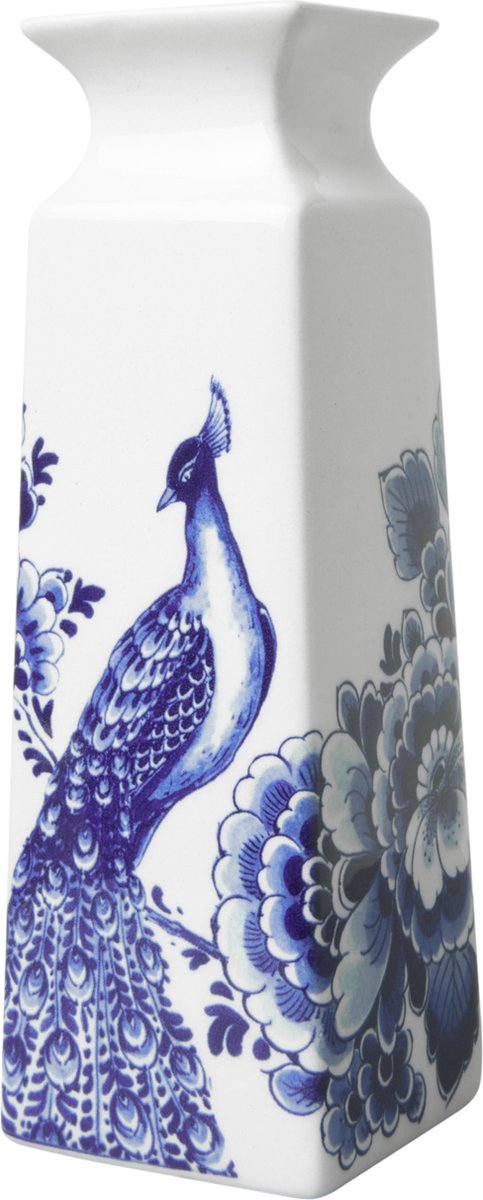 Heinen Delfts Blauw - Vierkante vaas 'Bloem en pauw' (Klein)