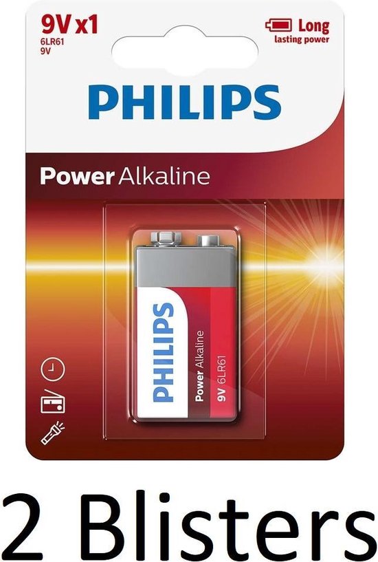 2 Stuks (2 Blisters a 1 st) Philips Power Alkaline batterij 9V 2 Stuks (2 Blisters a 1 st) Philips Power Alkaline batterij 9V