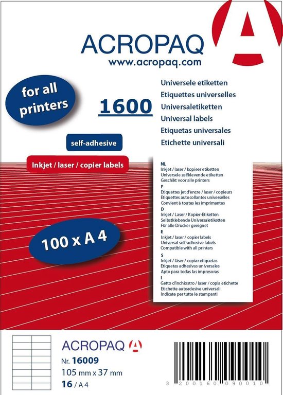 ÉTIQUETTES ACROPAQ - 100 feuilles A4 - Chaque feuille 16 étiquettes  autocollantes 