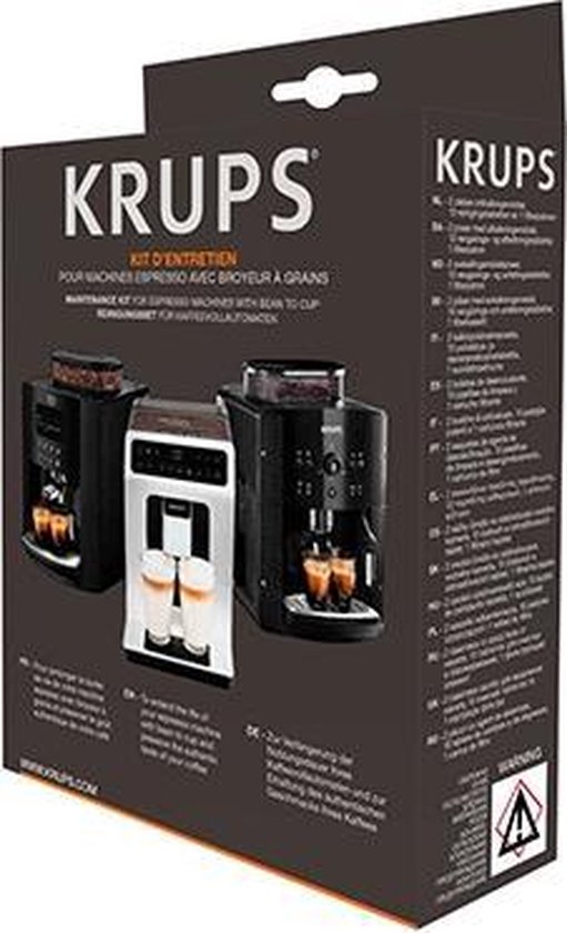 Krups onderhoudskit verpakking met afbeelding van twee espressomachines en productdetails.