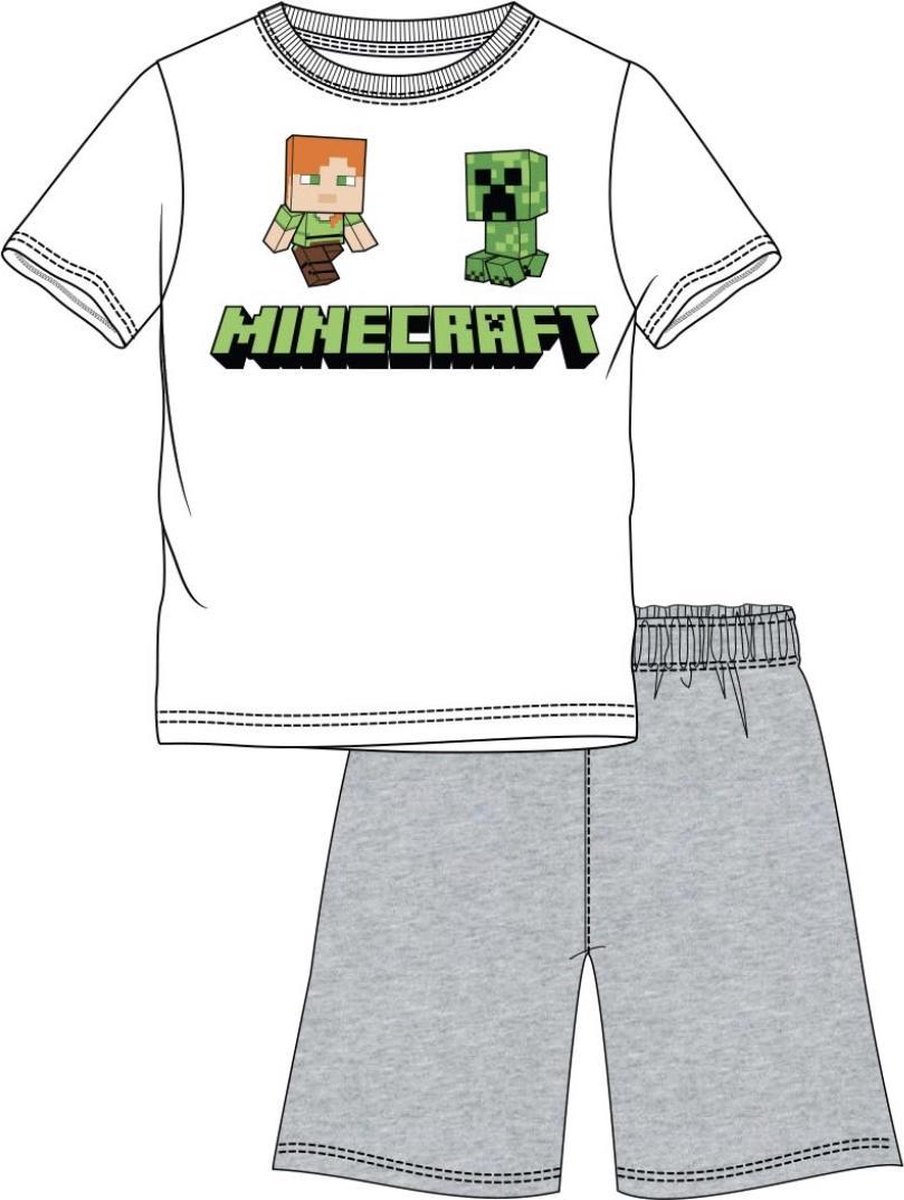 Minecraft pyjama korte mouw - wit - grijs - maat 104 / 4 jaar