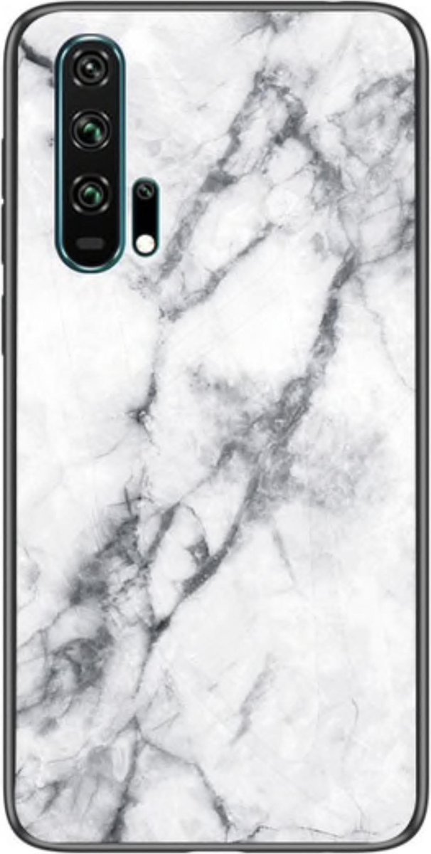 Honor 20 Pro Marmer hoesje - Wit - Zwart - TPU + Gehard Glas
