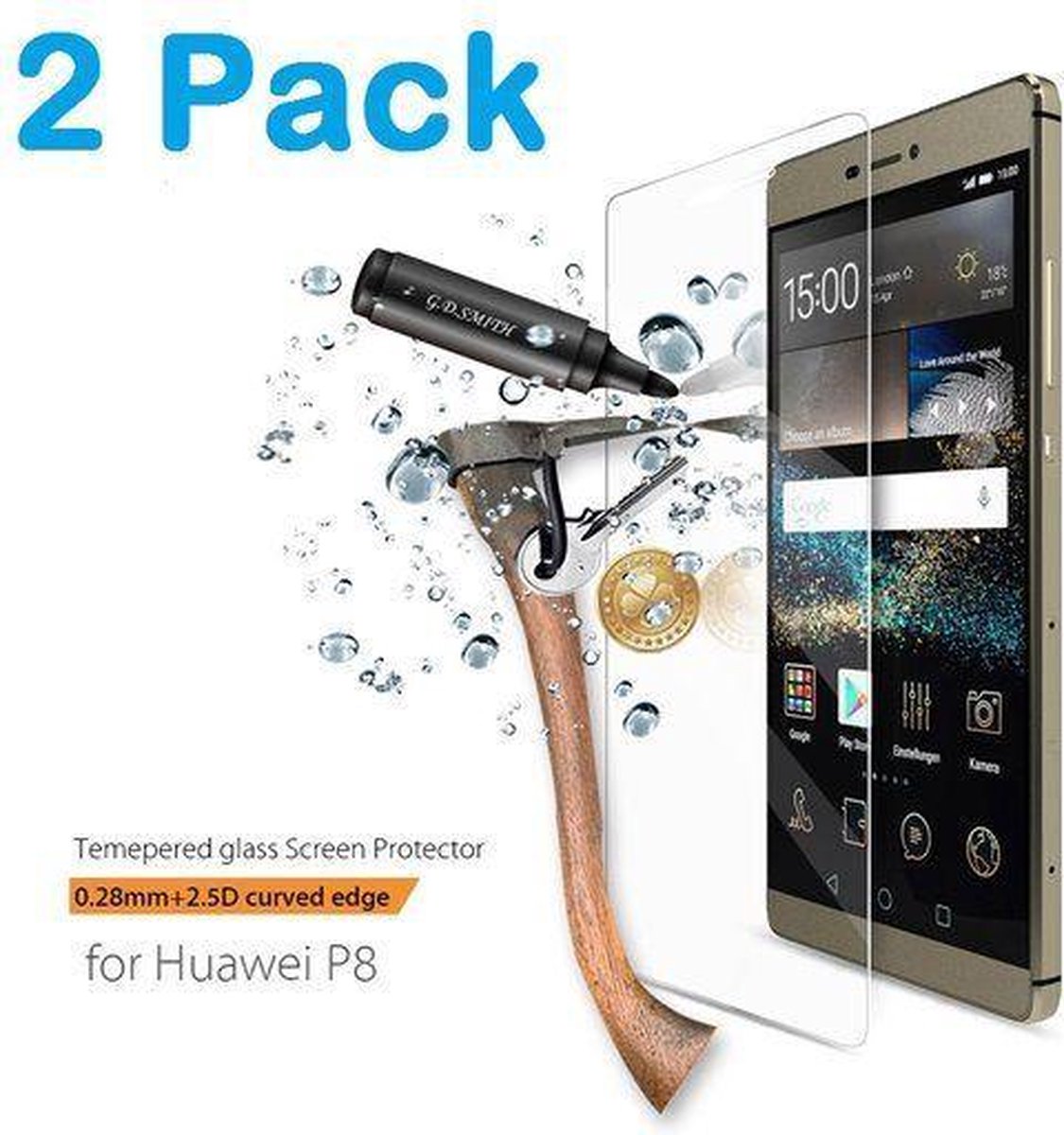 2 Stuks Huawei P8 glazen Screenprotector Tempered Glass (0.3mm) - Ntech