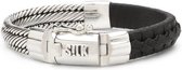 SILK Jewellery - Zilveren Armband - Weave - 741BLK.23 - zwart leer - Maat 23