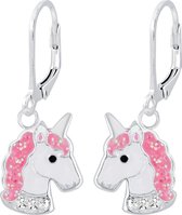 Joy|S - Zilveren eenhoorn oorbellen unicorn wit roze leverback sluiting