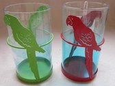 set van 2 waxinelichthouder. Metaal met glas, rood/groen. Papegaai. Hoogte 12 cm