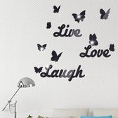 Zelfklevende Live Laugh Love Spiegel Stickers - Wand Decoratie Liefde Met Vlinders - Spiegelende Tegelstickers Muurstickers - 3D Spiegelstickers - Zwart