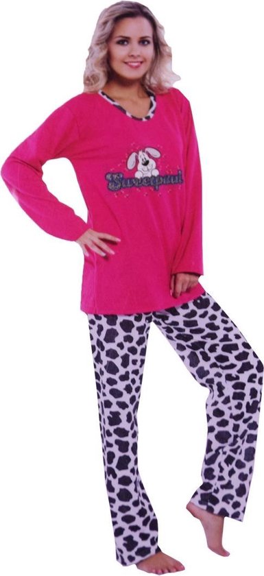 Dames Pyjama – Lange mouw / broek – Roze / Wit / Zwart Dierenprint - 100%  katoen –... | bol.com