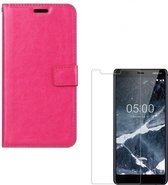 Nokia 5.1 Portemonnee hoesje roze met 2 stuks Glas Screen protector