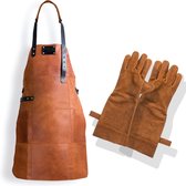 Leren Schort + Leren Handschoenen - Lederen Schort – LICHT BRUIN (Cognac) - Kokschort - BBQ Schort - Kookschort - Vaderdag - Kerst Cadeau voor Man Vader Opa Papa – 81 cm x 56 cm Inclusief Handschoenen voor de Barbecue