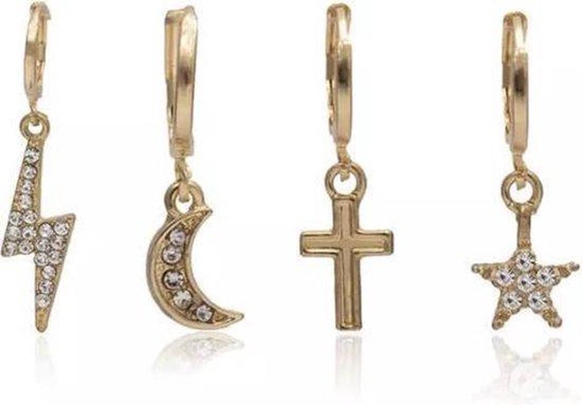 Jomide Oorbellenset - Assymmetrisch Cross Dangle Rhinestone 4 stuks - Goudkleurig - Dames