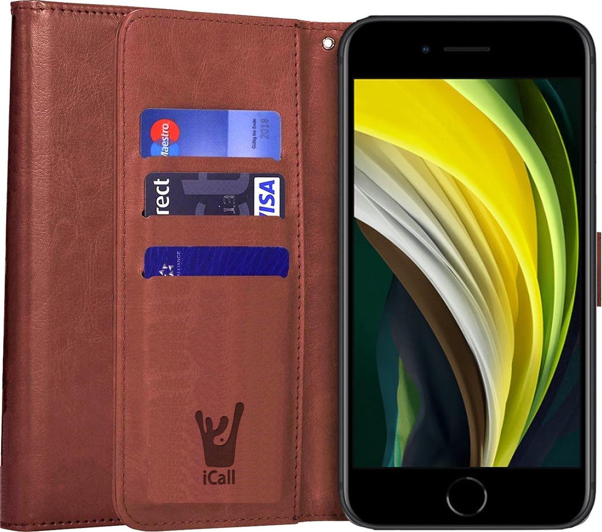 Hoesje geschikt voor iPhone SE 2022 / 2020 / 8 / 7 - Book Case Kunstleer Pasjeshouder Bruin