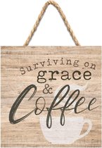 Hanging sign - 17,8 x 17,8 cm - Surviving on grace and coffee - Christelijk, Bijbel