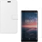 Bookcase Geschikt voor: Nokia 8 Sirocco Portemonnee hoesje Wit met 2 stuks Glas Screen protector