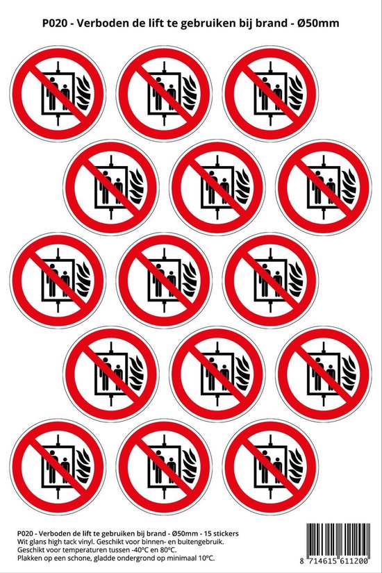 Pictogram sticker P020 - Verboden de lift te gebruiken bij brand - Ø 50mm - 15 stickers op 1 vel