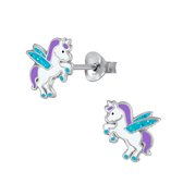 Joy|S - Zilveren eenhoorn met glitter vleugeltjes oorbellen unicorn