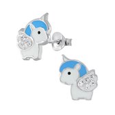 Joy|S - Zilveren baby eenhoorn oorbellen 8 x 10 mm blauw kristal wit