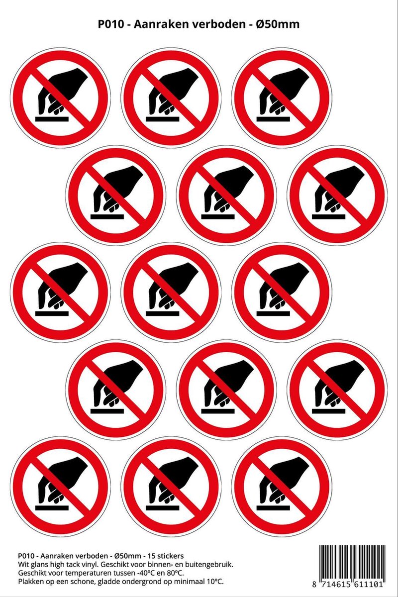 Pictogram sticker P010 - Aanraken verboden - Ø 50mm - 15 stickers op 1 vel