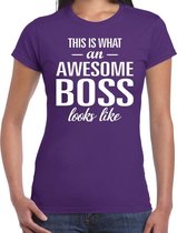 Awesome Boss tekst t-shirt paars dames - dames fun tekst shirt paars M