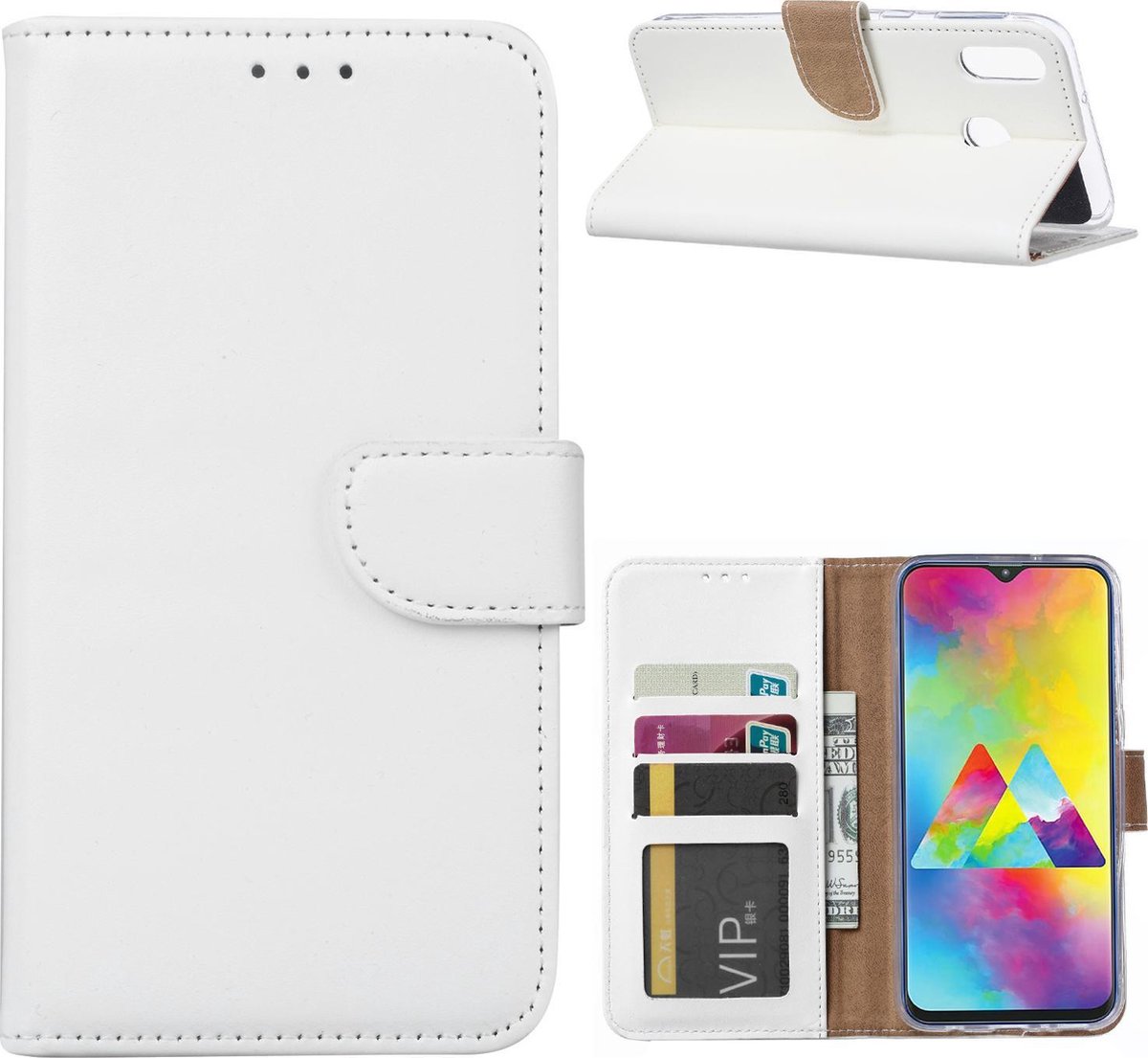 Bookcase Geschikt voor: Samsung Galaxy M20 - Wit - Portemonnee hoesje