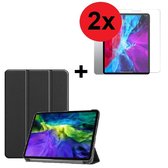 Geschikt voor iPad Pro hoesje 2020 / 2021 - 11 inch - ipad Pro Screenprotector 2020 / 2021 -Tri fold book case hoesje met stand - Zwart + 2x Tempered Gehard Glas / Glazen (2 stuks)