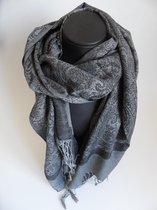 Sjaal, sjaaltje, figuren lengte 180 cm breedte 70 cm kleuren grijs zwart franjes.