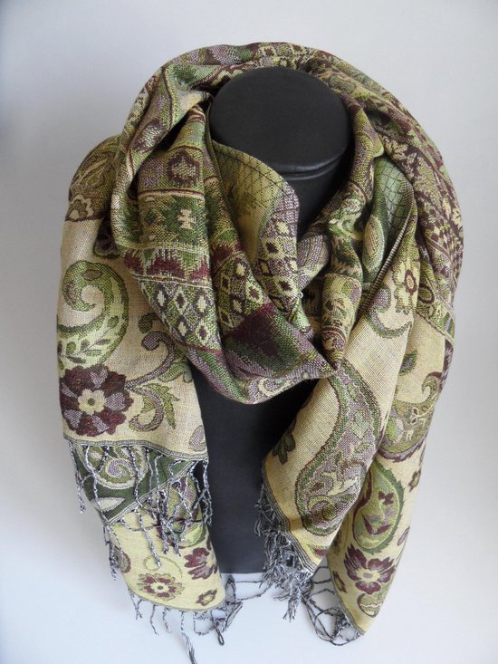 Mooie hippe sjaal figuren bloemen lengte 180 cm breedte 70 cm kleuren groen  bruin... | bol