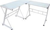 Hoekbureau computertafel - L vormige hoek tafel - metalen wit frame - tafelblad wit glas