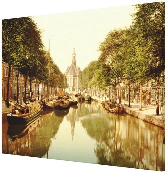 Oud Stadsgezicht Den Haag - Turfmarkt & Nieuwe Kerk - Oude Foto Print op Canvas Doek - 90x60 cm