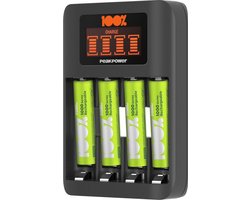 100% PeakPower Batterijoplader U412 - Batterij oplader voor AA en AAA - Snelle Batterijlader incl. 4 oplaadbare batterijen AAA 800 mAh