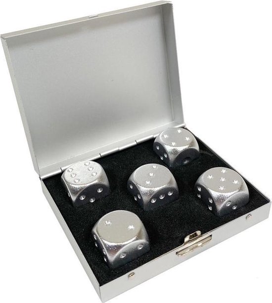 Thumbnail van een extra afbeelding van het spel Aretica Dobbelstenen set van 5 - Aluminium doosje met 5 aluminium dobbelstenen - Spelletjes spelen - Aluminium - Gezelschapsspel - Bordspel - Dobbelen