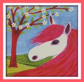 Artstudioclub®  borduurpakketten volwassenen Wit paard met rode manen. tekenstijl 36 × 36cm