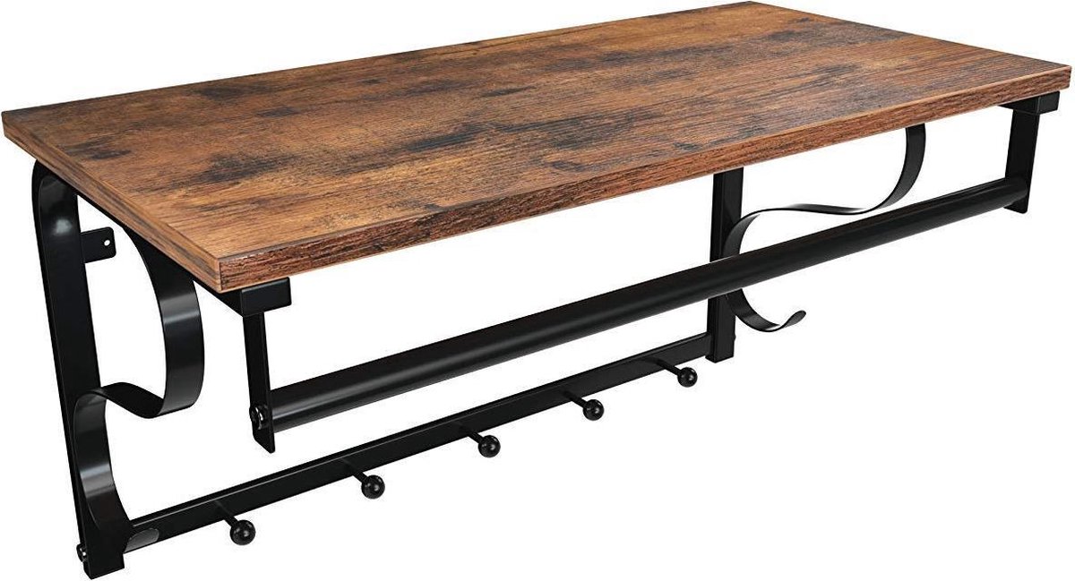 Nancy's Vintage Wand Kapstok - Met 5 Haken - Ophangrail en Opbergrek - Hangende Wandkapstok - Industrieel - Wanddecoratie - 60 x 30 x 31.7 cm