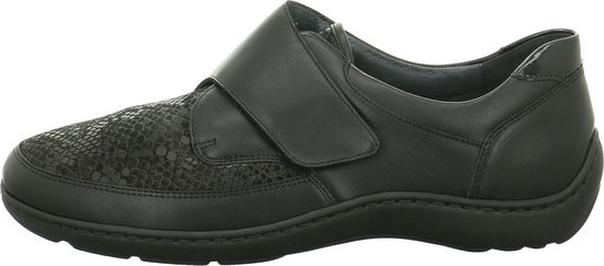 Zwarte comfortabele schoen met klittenband en snake-print voorvoet.
