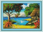 Artstudioclub®  borduurpakketten volwassenen appelbomen en een huis vlakbij het strand 52 × 38cm