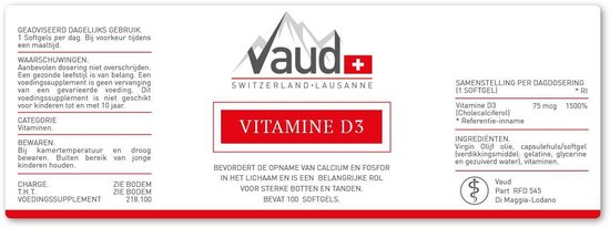 Vaud | Vitamine D3 | 100 softgels | 75mcg | 3000IE | Vitamines | Vitamine D | Ondersteunt het immuunsysteem en een normale spierwerking | Voor sterke botten en tanden | Hoog gedoseerd - Vaud