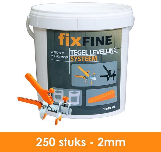 Fixfine - Starter Set - 250 stuks - Tegel Levelling Systeem - Tegel Nivelleersysteem – 2mm - PRO - 250 clips + 250 wiggen + tang